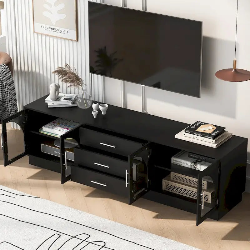 Meuble TV minimaliste moderne de 68,9 pouces pour téléviseurs jusqu'à 75 pouces, console média avec étagères réglables pour salon