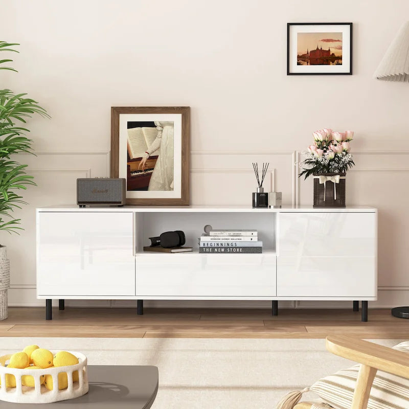 High Gloss Panel Modern TV Console,TV Stand,Entertainment Center with Storage Shelves,TV Cabinet for Living Room, Bedroom