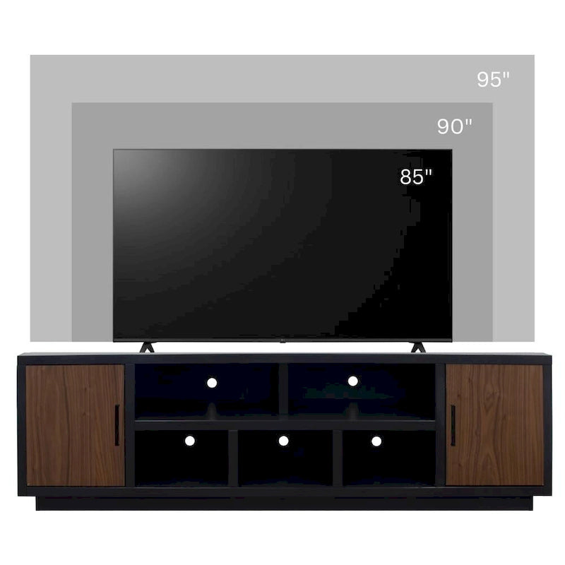 Meuble TV Bridgevine Home Aria de 85 pouces pour téléviseurs jusqu'à 95 pouces, aucun assemblage requis, finition noire et noyer