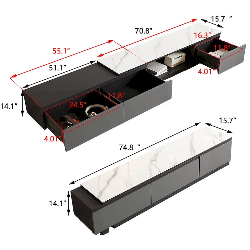 Meuble TV extensible avec 3 tiroirs - 75 - 122