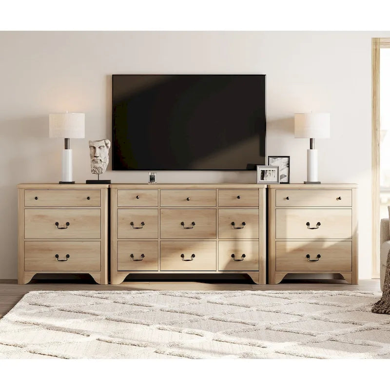 Meuble TV WAMPAT 116.5 W de style ferme pour téléviseurs jusqu'à 120 pouces, centre de divertissement avec 15 tiroirs
