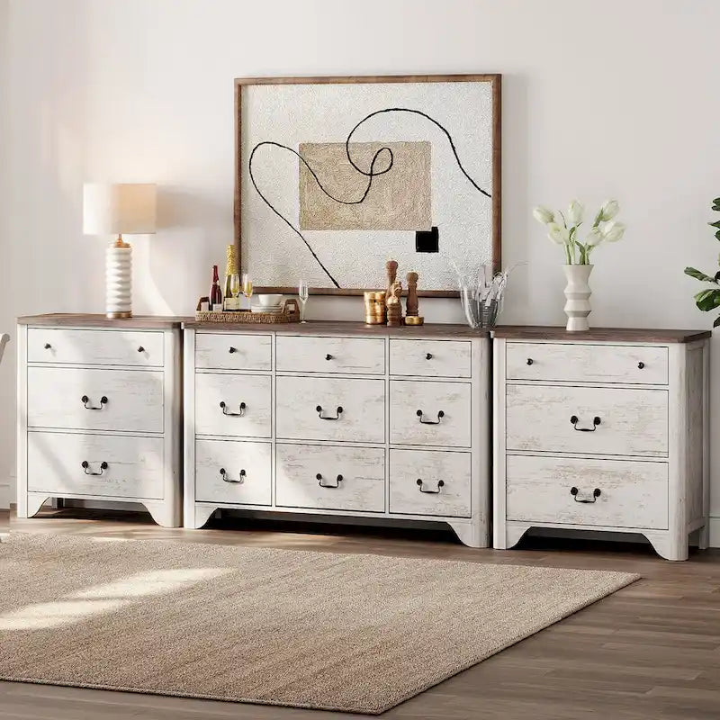 Meuble TV WAMPAT 116.5 W de style ferme pour téléviseurs jusqu'à 120 pouces, centre de divertissement avec 15 tiroirs