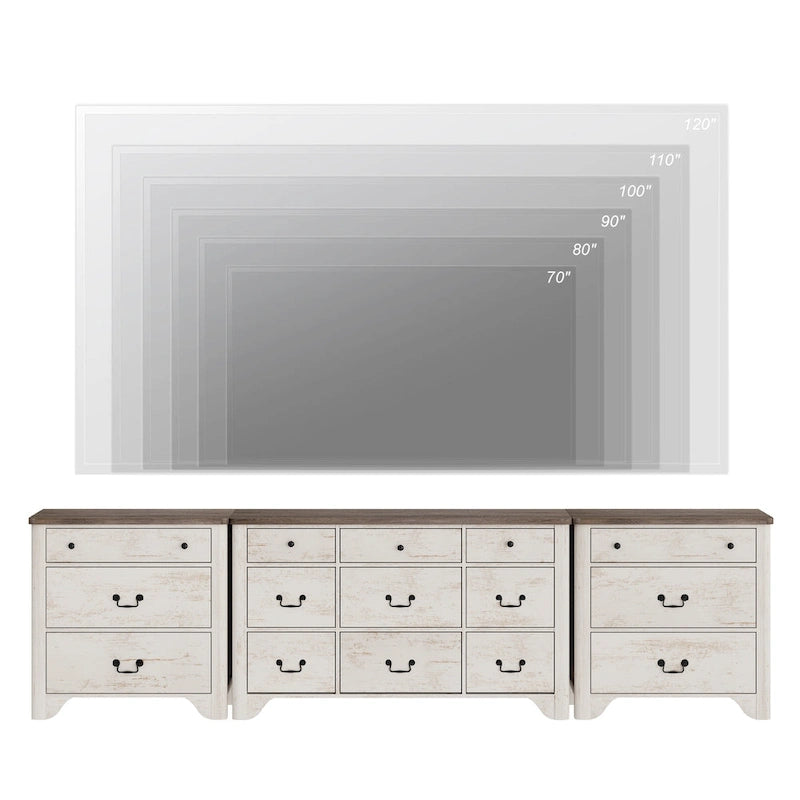 Meuble TV WAMPAT 116.5 W de style ferme pour téléviseurs jusqu'à 120 pouces, centre de divertissement avec 15 tiroirs