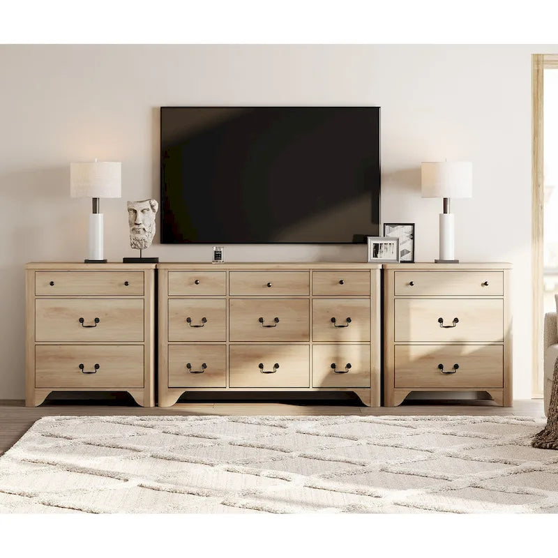Meuble TV WAMPAT 116.5 W de style ferme pour téléviseurs jusqu'à 120 pouces, centre de divertissement avec 15 tiroirs