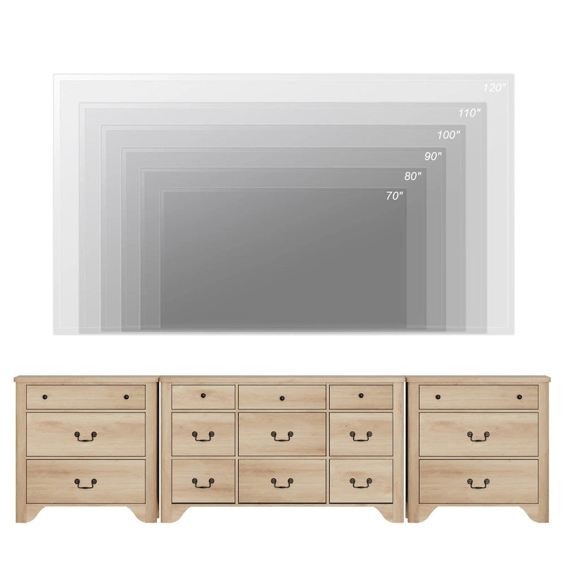 Meuble TV WAMPAT 116.5 W de style ferme pour téléviseurs jusqu'à 120 pouces, centre de divertissement avec 15 tiroirs