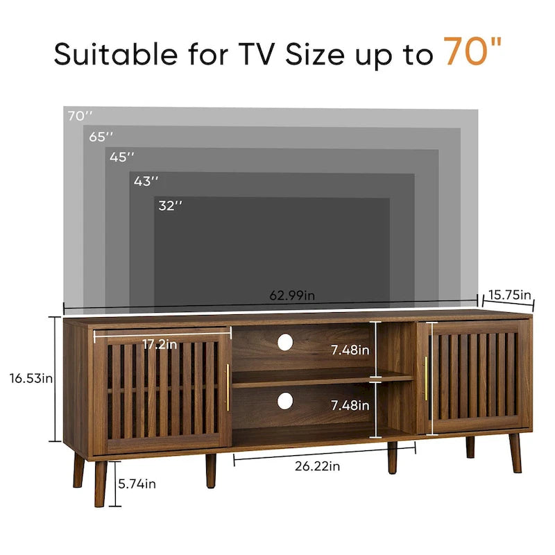 Meuble TV de 160 cm avec 2 portes à persiennes et étagère de rangement réglable, Meuble TV moderne médiéval avec espace de rangement