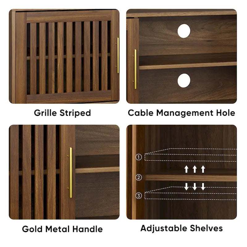 Meuble TV de 160 cm avec 2 portes à persiennes et étagère de rangement réglable, Meuble TV moderne médiéval avec espace de rangement