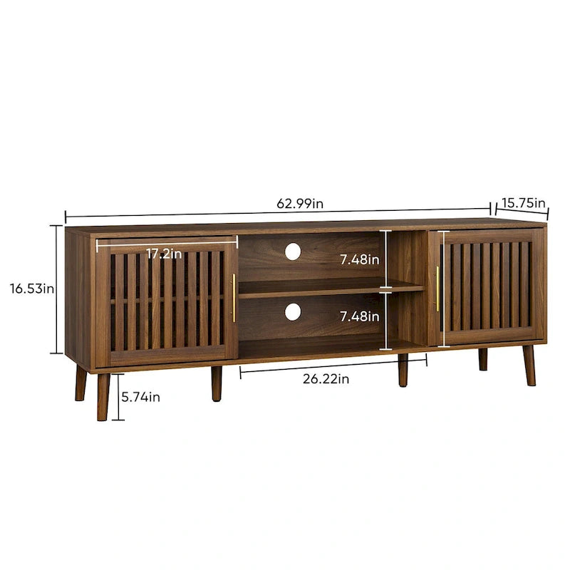 Meuble TV de 160 cm avec 2 portes à persiennes et étagère de rangement réglable, Meuble TV moderne médiéval avec espace de rangement