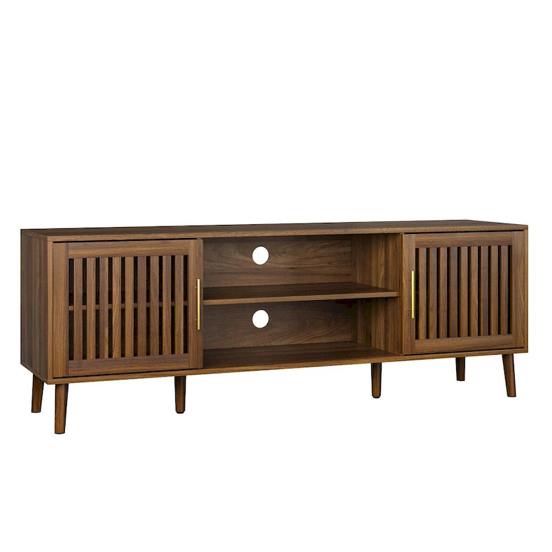 Meuble TV de 160 cm avec 2 portes à persiennes et étagère de rangement réglable, Meuble TV moderne médiéval avec espace de rangement