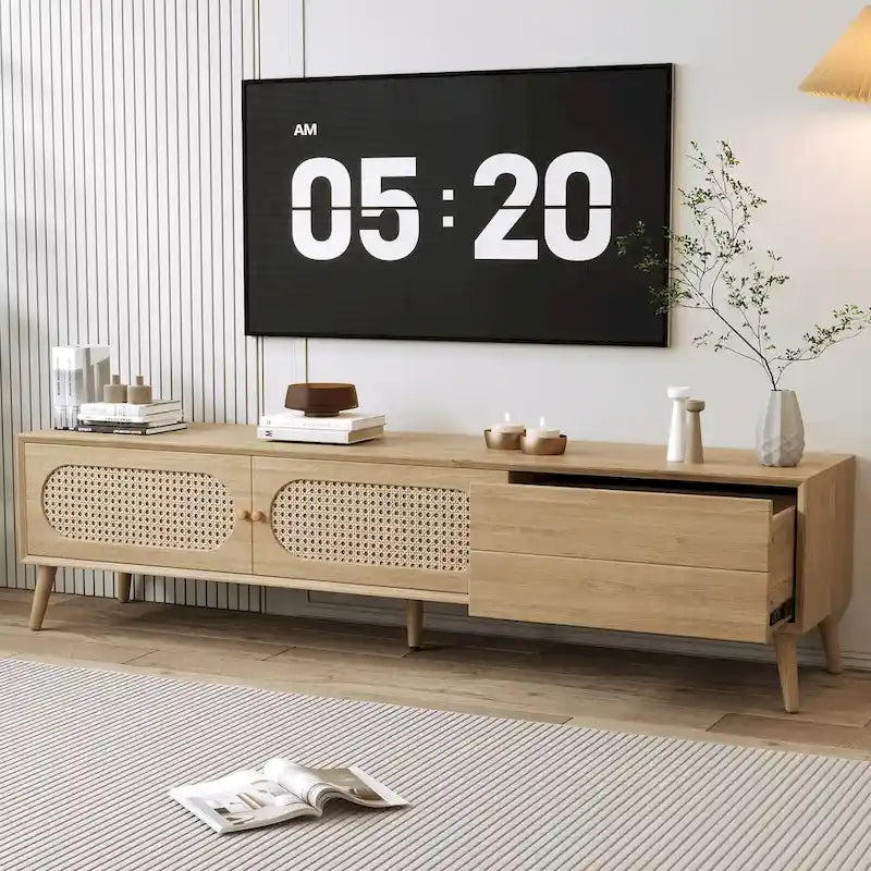 Meuble TV pour téléviseurs jusqu'à 80 pouces, meuble TV de style ferme moderne, centre de divertissement avec pieds en bois massif