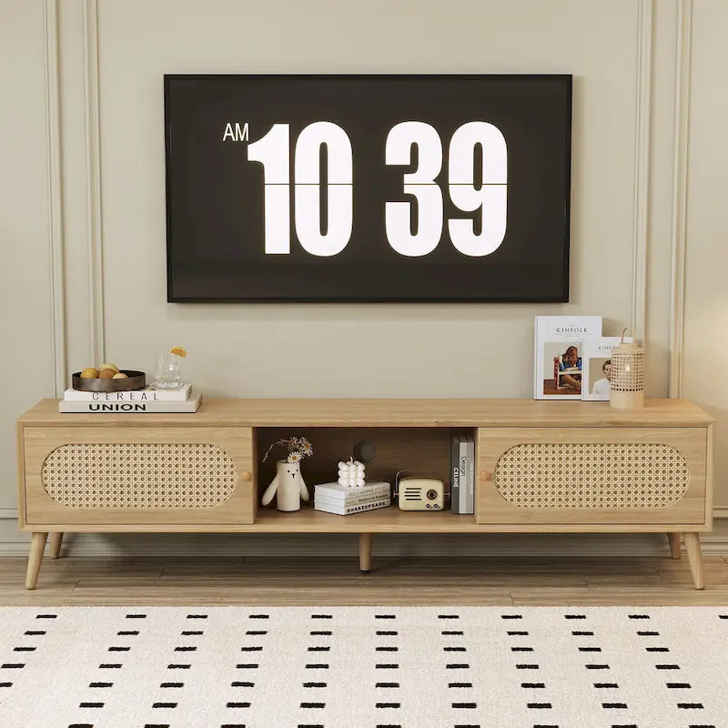 Meuble TV pour téléviseurs jusqu'à 80 pouces, meuble TV de style ferme moderne, centre de divertissement avec pieds en bois massif