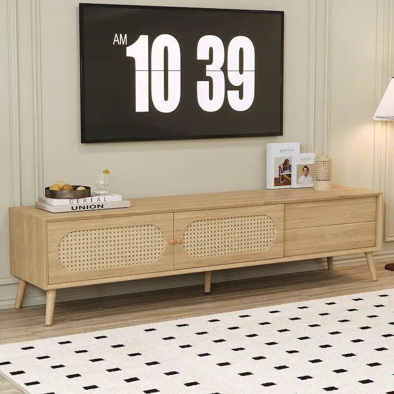 Meuble TV pour téléviseurs jusqu'à 80 pouces, meuble TV de style ferme moderne, centre de divertissement avec pieds en bois massif