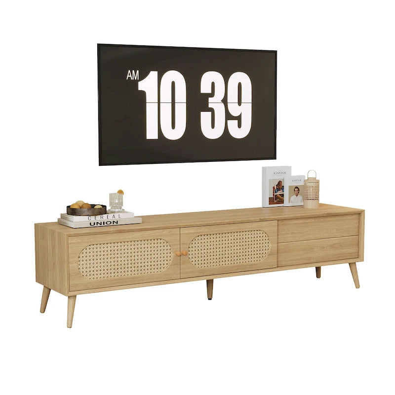 Meuble TV pour téléviseurs jusqu'à 80 pouces, meuble TV de style ferme moderne, centre de divertissement avec pieds en bois massif