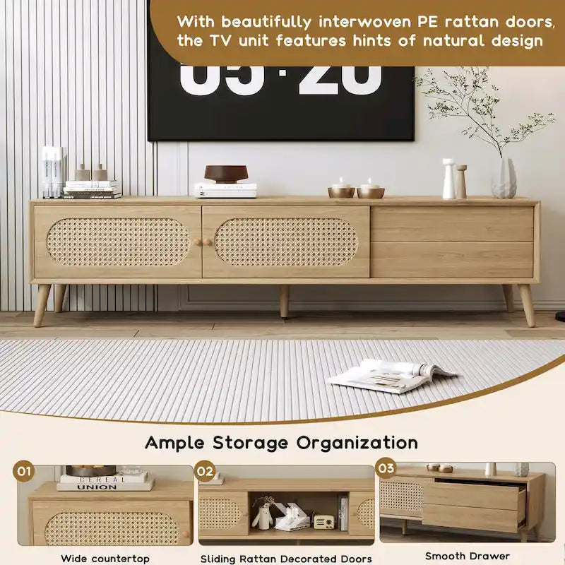 Meuble TV pour téléviseurs jusqu'à 80 pouces, meuble TV de style ferme moderne, centre de divertissement avec pieds en bois massif