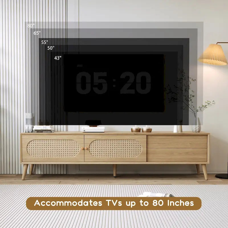 Meuble TV pour téléviseurs jusqu'à 80 pouces, meuble TV de style ferme moderne, centre de divertissement avec pieds en bois massif