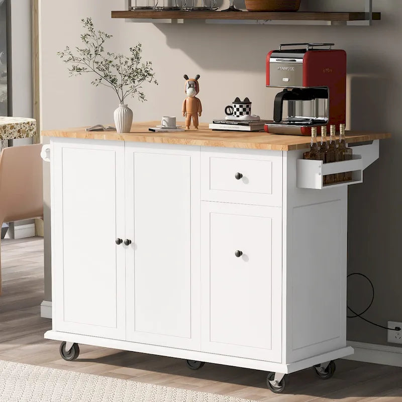 Chariot de cuisine de 53,9 po de largeur, îlot de cuisine avec armoire coulissante à 3 niveaux, étagère de rangement interne, porte-épices, rangement porte-serviettes