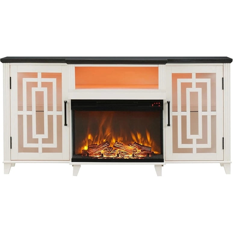 Meuble TV pour téléviseur 75 pouces, cheminée à foyer vitré 3 faces style ferme, console média