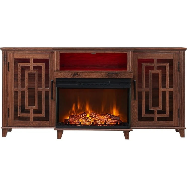 Meuble TV pour téléviseur 75 pouces, cheminée à foyer vitré 3 faces style ferme, console média