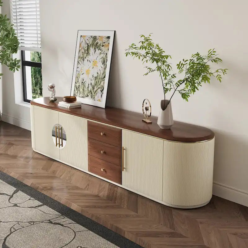 78.74 Meubles TV de style Mid-Century, Placage en Bois Massif Marron, Console multimédia avec 5 armoires, 3 tiroirs, Beige, Entièrement assemblé - 78.74