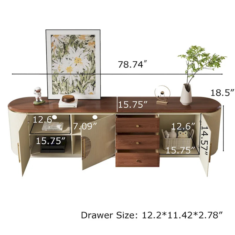 78.74 Meubles TV de style Mid-Century, Placage en Bois Massif Marron, Console multimédia avec 5 armoires, 3 tiroirs, Beige, Entièrement assemblé - 78.74