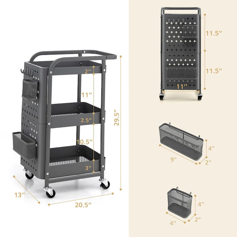 Chariot de rangement à 3 niveaux en métal à roulettes avec DIY