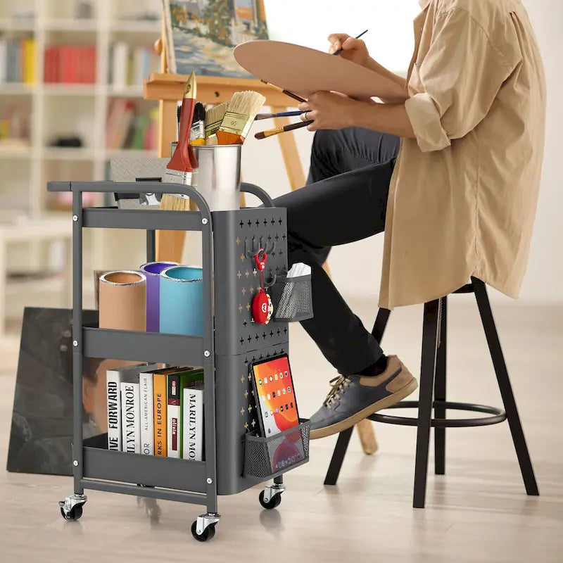 Chariot de rangement à 3 niveaux en métal à roulettes avec DIY