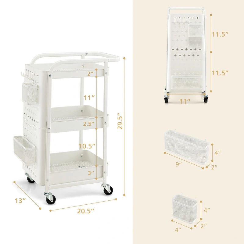 Chariot de rangement à 3 niveaux en métal à roulettes avec DIY