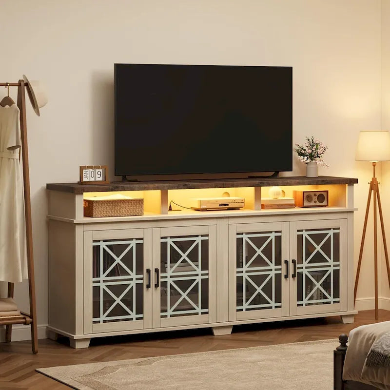 Meuble TV pour 80 pouces, Meuble de divertissement moderne du milieu du siècle avec lumières LED et rangement - 65 pouces