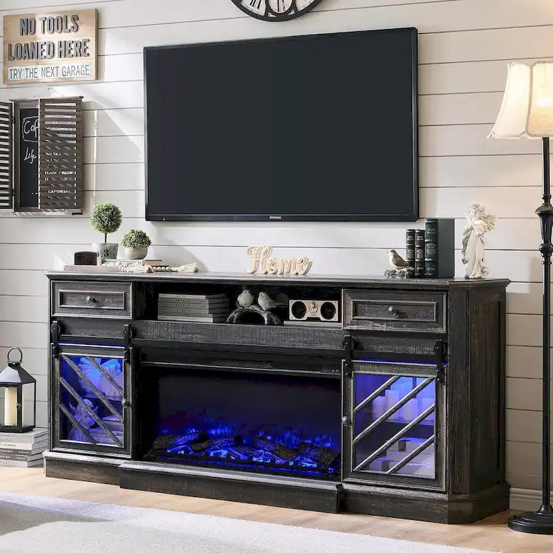 Meuble TV de cheminée de ferme pour téléviseur de 85 pouces, centre de divertissement