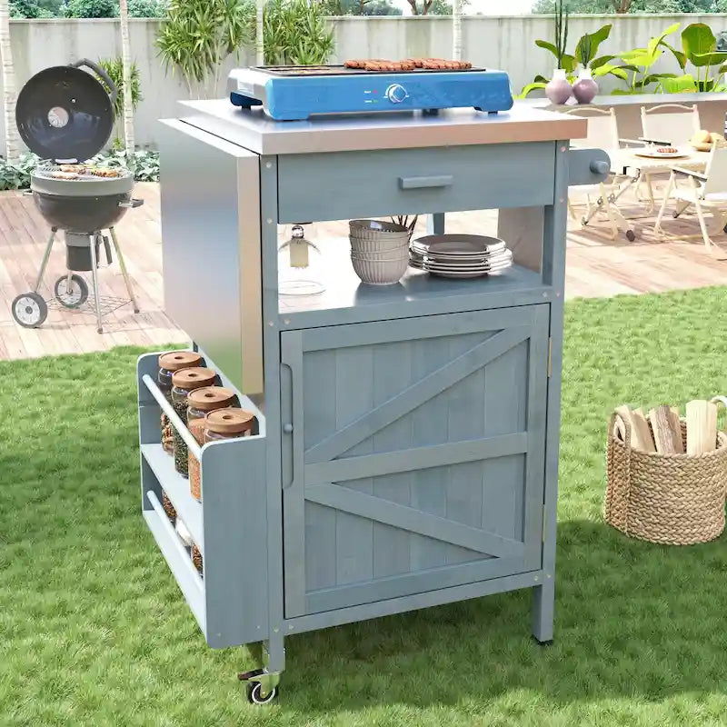Chariot de barbecue extérieur de 40,5 pouces avec dessus en acier inoxydable, desserte de buffet roulante avec abattant, îlot de cuisine de patio