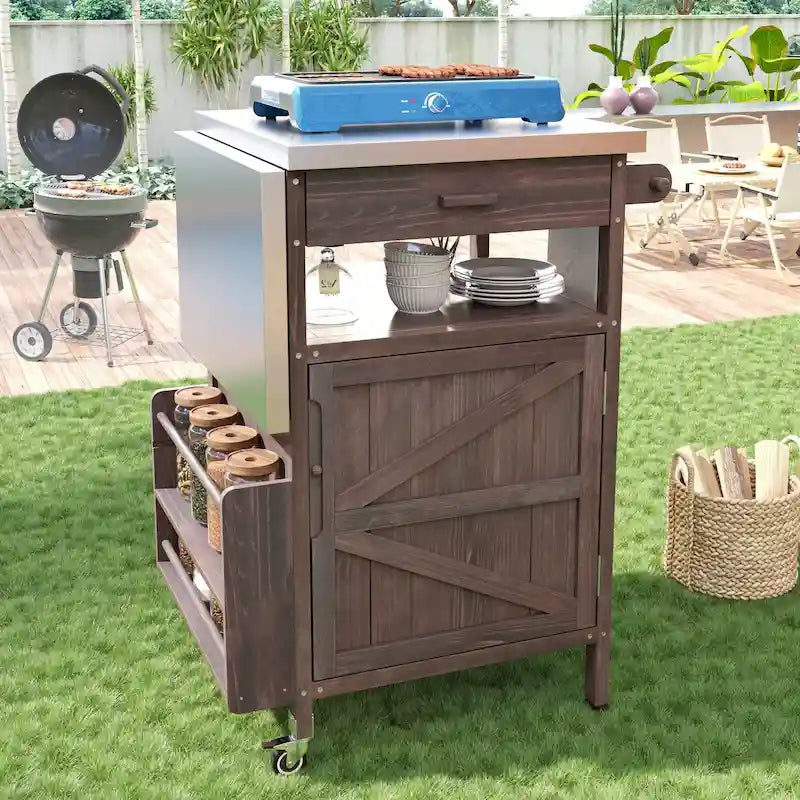 Chariot de barbecue extérieur de 40,5 pouces avec dessus en acier inoxydable, desserte de buffet roulante avec abattant, îlot de cuisine de patio