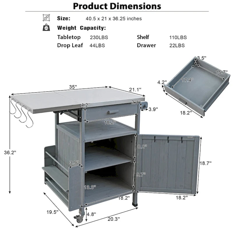 Chariot de barbecue extérieur de 40,5 pouces avec dessus en acier inoxydable, desserte de buffet roulante avec abattant, îlot de cuisine de patio