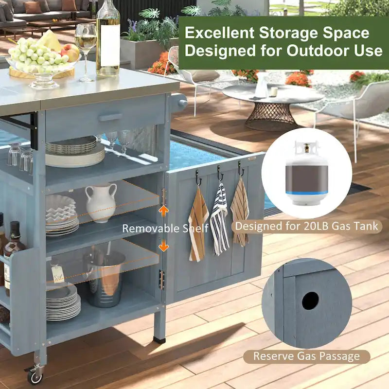 Chariot de barbecue extérieur de 40,5 pouces avec dessus en acier inoxydable, desserte de buffet roulante avec abattant, îlot de cuisine de patio