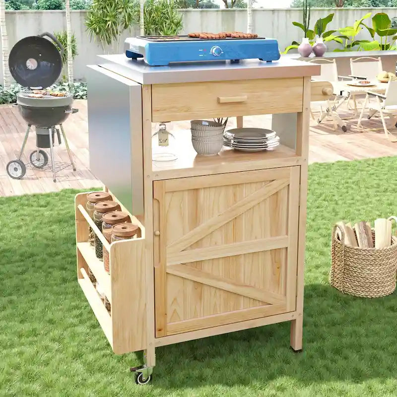 Chariot de barbecue extérieur de 40,5 pouces avec dessus en acier inoxydable, desserte de buffet roulante avec abattant, îlot de cuisine de patio