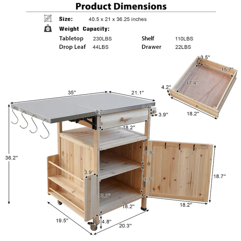 Chariot de barbecue extérieur de 40,5 pouces avec dessus en acier inoxydable, desserte de buffet roulante avec abattant, îlot de cuisine de patio