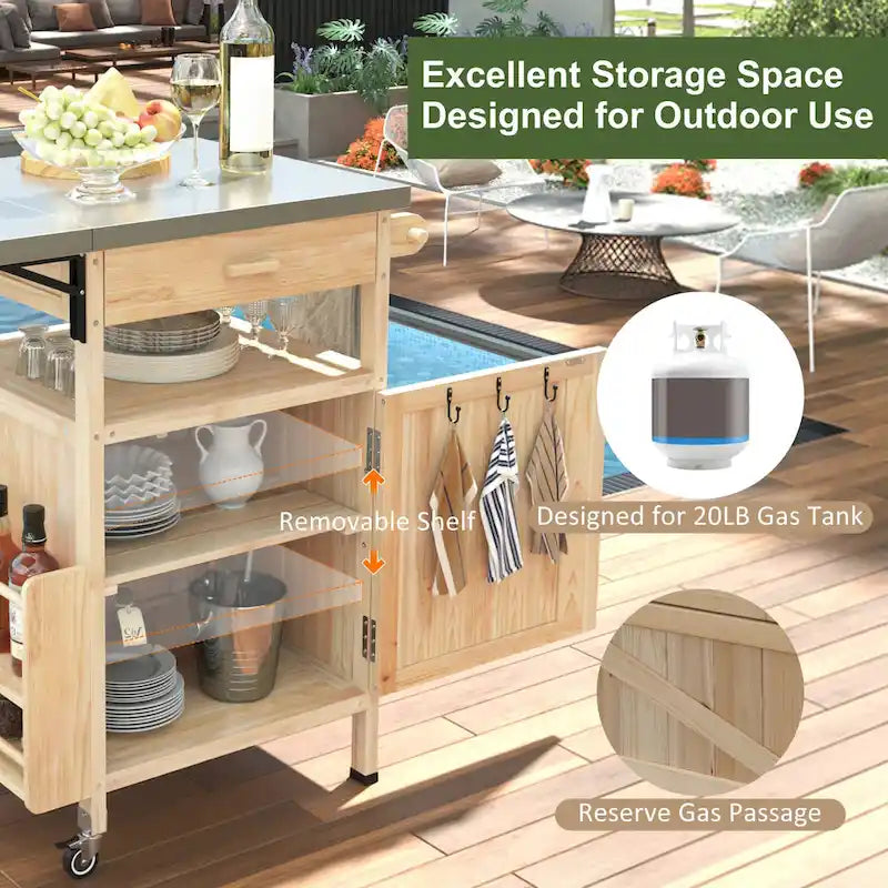 Chariot de barbecue extérieur de 40,5 pouces avec dessus en acier inoxydable, desserte de buffet roulante avec abattant, îlot de cuisine de patio