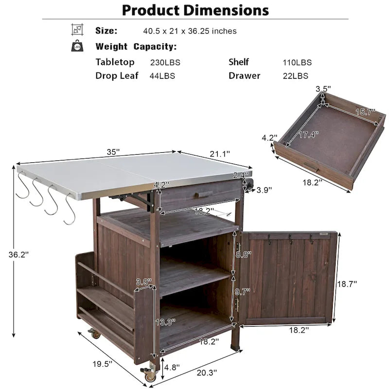 Chariot de barbecue extérieur de 40,5 pouces avec dessus en acier inoxydable, desserte de buffet roulante avec abattant, îlot de cuisine de patio
