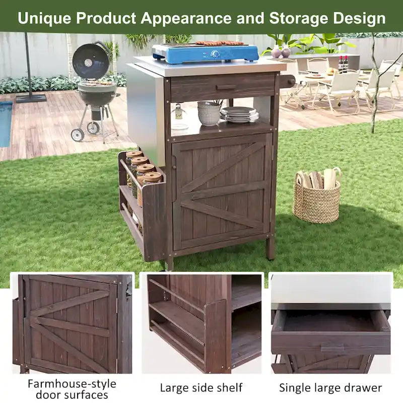 Chariot de barbecue extérieur de 40,5 pouces avec dessus en acier inoxydable, desserte de buffet roulante avec abattant, îlot de cuisine de patio
