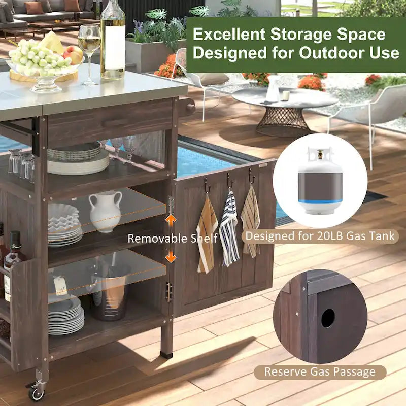 Chariot de barbecue extérieur de 40,5 pouces avec dessus en acier inoxydable, desserte de buffet roulante avec abattant, îlot de cuisine de patio