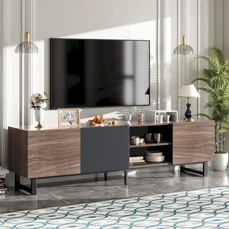 Meuble TV moderne avec 3 armoires et étagères ouvertes, meuble console multimédia pour TV jusqu'à 80 pouces, meuble de divertissement avec porte abattante
