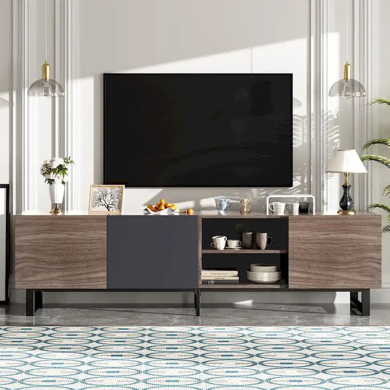Meuble TV moderne avec 3 armoires et étagères ouvertes, meuble console multimédia pour TV jusqu'à 80 pouces, meuble de divertissement avec porte abattante