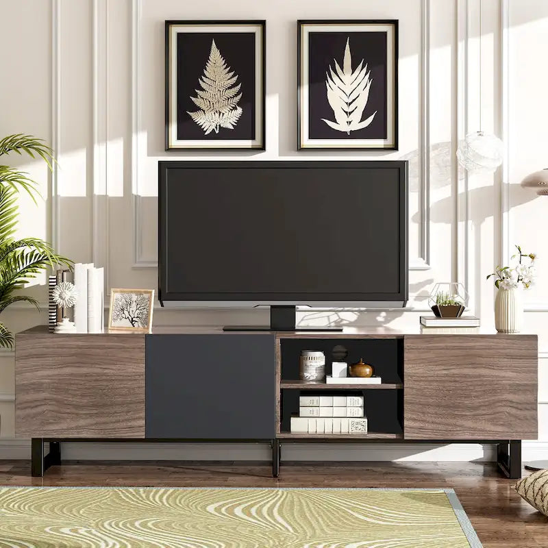 Meuble TV moderne avec 3 armoires et étagères ouvertes, meuble console multimédia pour TV jusqu'à 80 pouces, meuble de divertissement avec porte abattante