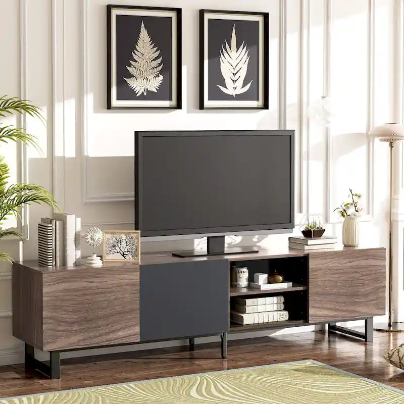 Meuble TV moderne avec 3 armoires et étagères ouvertes, meuble console multimédia pour TV jusqu'à 80 pouces, meuble de divertissement avec porte abattante