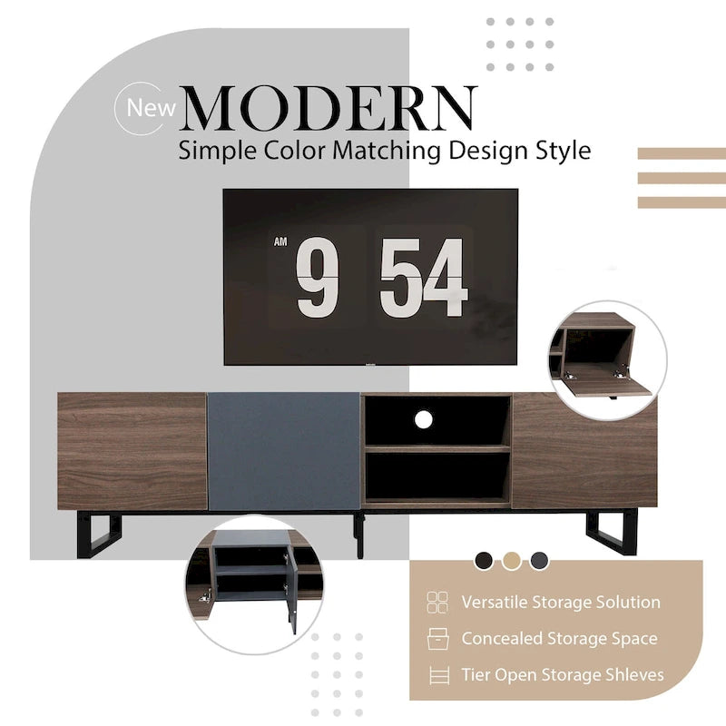 Meuble TV moderne avec 3 armoires et étagères ouvertes, meuble console multimédia pour TV jusqu'à 80 pouces, meuble de divertissement avec porte abattante