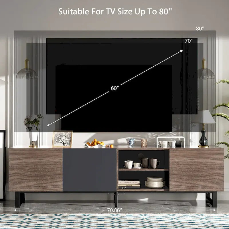 Meuble TV moderne avec 3 armoires et étagères ouvertes, meuble console multimédia pour TV jusqu'à 80 pouces, meuble de divertissement avec porte abattante