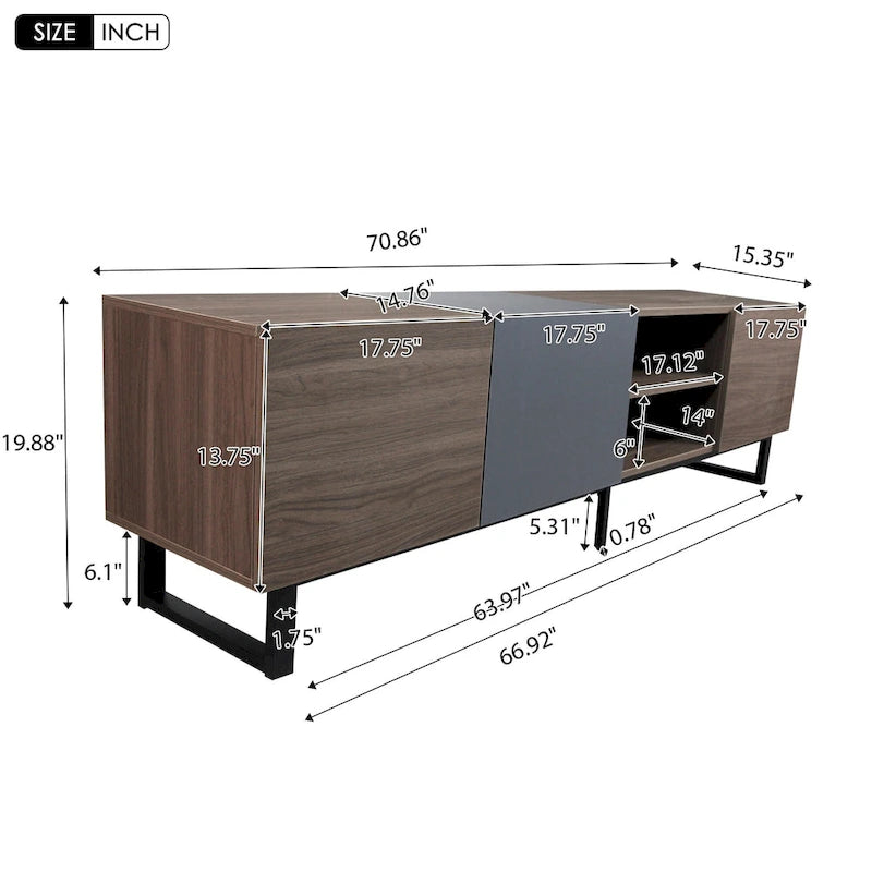 Meuble TV moderne avec 3 armoires et étagères ouvertes, meuble console multimédia pour TV jusqu'à 80 pouces, meuble de divertissement avec porte abattante
