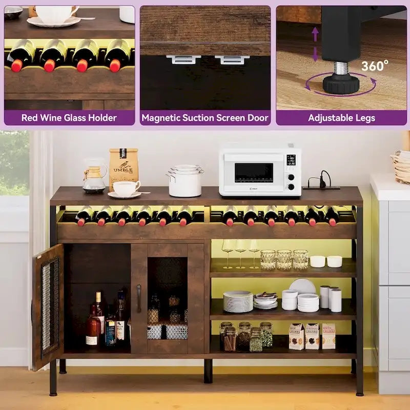 Meuble Bar à Café et à Vin avec Rangement et Affichage pour Alcool avec Lumières LED - 55 pouces