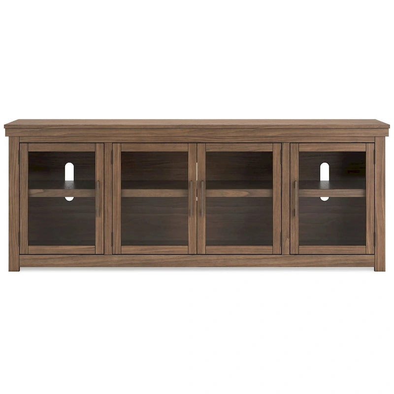 Meuble TV Olaf, 4 portes vitrées, étagères, bois marron 216 cm