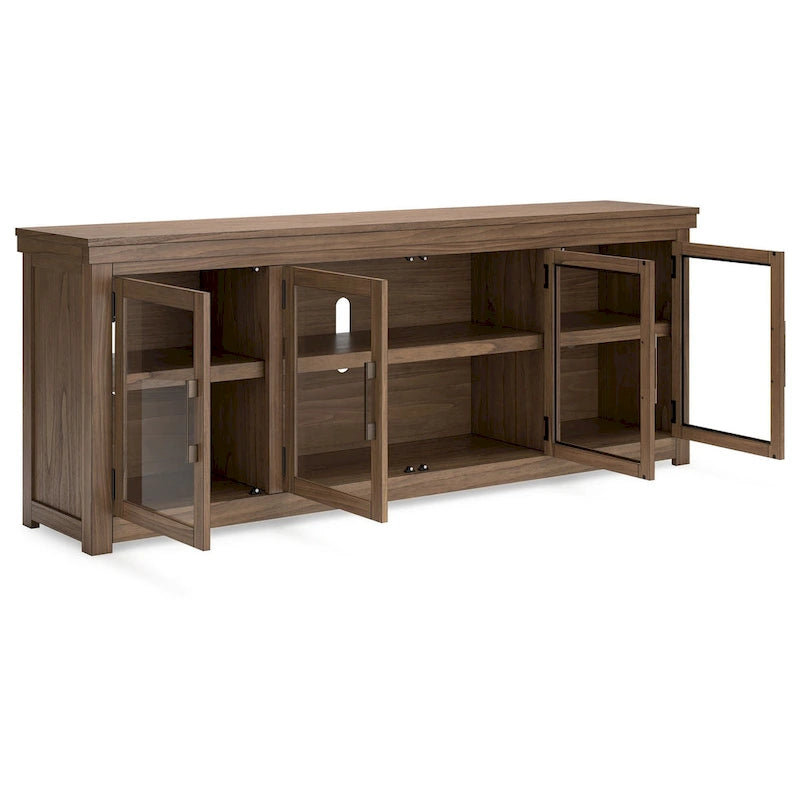 Meuble TV Olaf, 4 portes vitrées, étagères, bois marron 216 cm
