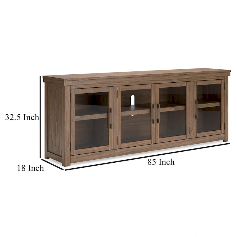 Meuble TV Olaf, 4 portes vitrées, étagères, bois marron 216 cm
